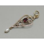 An Edwardian 9ct gold, garnet and pearl pendant