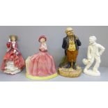 A Royal Doulton figure, Top o' the Hill, a powder dish, a Mr Pickwick Bretby figure and a Wedgwood