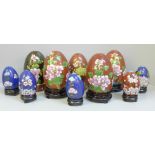 Five large cloisonne eggs on stands and five smaller