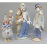 Three Lladro figures of clowns, one a/f (fingers)