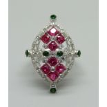 An 18ct gold, ruby, diamond and green diopside dress ring, 8g, L