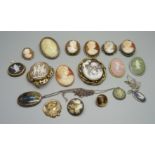 A collection of cameo brooches including 19th Century, an unmounted cameo, three Wedgwood cameo