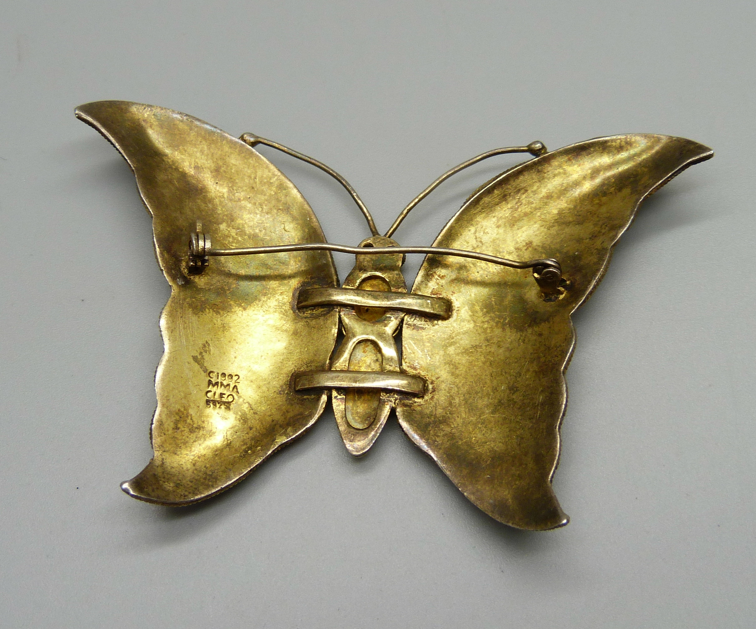 A silver gilt and stone set butterfly brooch, marked '1992, MMA, Cleo, S925', Metropolitan Museum of - Image 2 of 3