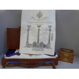 A case of Masonic regalia and a bronze medal plus a Masonic box