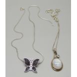 A silver and moonstone pendant and a silver butterfly pendant and chain
