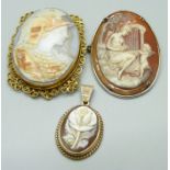 A 9ct gold mounted cameo pendant, 4.8g and two other cameo brooches