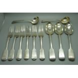 Three silver serving/table spoons, six table forks, all London 1845 and a pair of silver ladles,