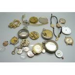 A collection of pocket watch movements and cases and two lady's wristwatches