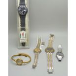 Three Gucci wristwatches, 9000M, 9000L, 2700L, a lady's Seiko and a Swatch watch, cased