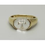 A 9ct gold and rock crystal ring with Ankh cross, signed by Uri Geller, 3.6g, U