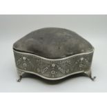 A silver jewellery casket with pin cushion lid, Birmingham 1910