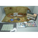 German WWII SS gaiters, wound badge, brooch, winter relief booklets and German postage stamps
