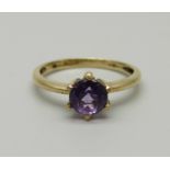 A 9ct gold and amethyst solitaire ring, 1.8g, N