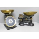 A Victor set of kitchen scales with graduated weights and one other set of scales