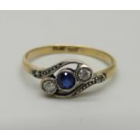 A vintage 9ct gold and platinum set sapphire and diamond three stone ring, 1.6g, P