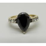 A silver gilt, Obsidian and white stone ring, P