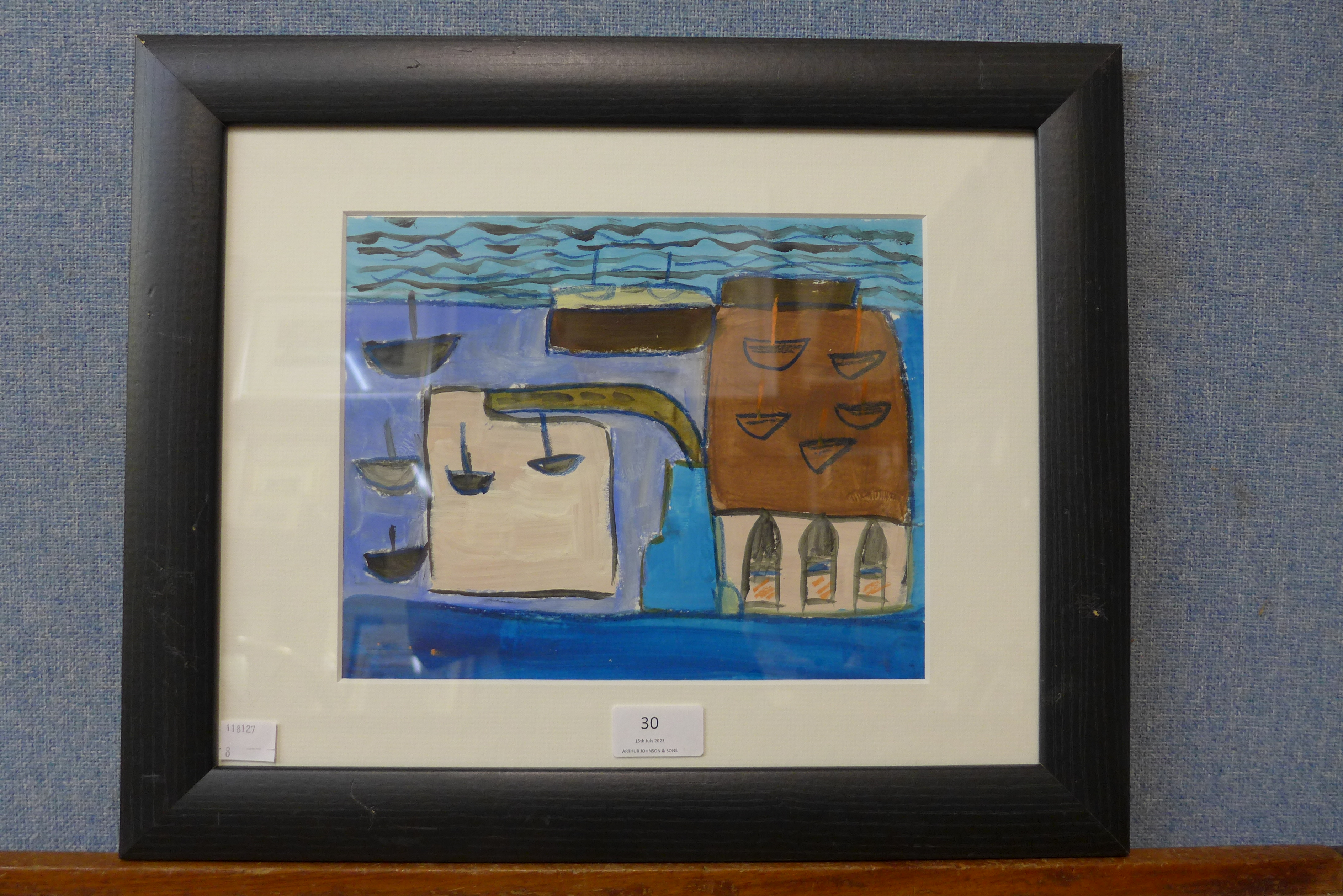 Onslow Sykes, Winter Harbour, St. Ives, acrylic on card, framed