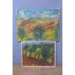 Nan Frankel (Cornish School), two abstracts, oil on canvas, one framed