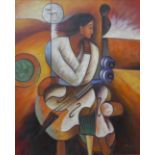 Surrealist School, portrait of a female musician, oil on canvas, indistinctly signed, framed