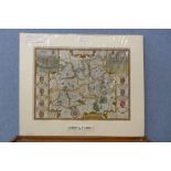 A 17th Century John Speed hand coloured engraved map of Surrey, 40 x 52cms, unframed
