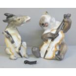 Two Lomonosov animal figures, Bear with double bass and Donkey with double bass, Donkey a/f