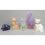 Four Sally Fenton cats (three glass) and a model of a tortoise