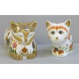 Two Royal Crown Derby paperweights, Cottage Garden Cat and Spice Kitten, both with gold stoppers