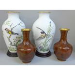 A pair of Franklin Porcelain Woodland Bird and Meadowland Bird vases and two cloisonne vases