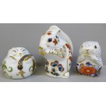 Three Royal Crown Derby paperweights, Poppy Mouse, Dormouse and Squirrel, two gold and one silver