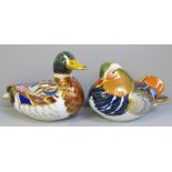 Two Royal Crown Derby duck paperweights, Mandarin Duck and Mallard, both with gold stoppers