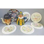 Five Wedgwood nursery plaques, boxed, two Tony Wood character teapots and an oriental plate