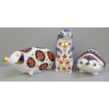 Three Royal Crown Derby paperweights; Hedgehog, Old Spot Pig and Chipmunk