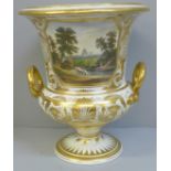 A Derby porcelain campana 'In Italy' two handled vase with hand painted panel, one handle a/f