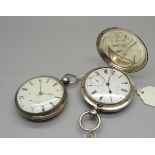 Two silver cased pocket watches, one Detached Lever by W. P. Moss, Chester 1833, hinge a/f, the