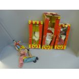 Five Pelham puppets, three boxed, boxes a/f