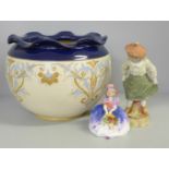 A Langley Ware jardiniere, a Royal Doulton figure Monica, and one other figure