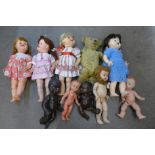 A jointed Teddy bear and a collection of dolls including Roddy and BND