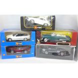 Five large model vehicles, boxed, including Burago