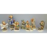 Seven Hummel figures including Boy Reading Paper, Doh!, Boy With Binoculars, Little Boy Blue, a/f