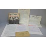 Beatles Fan Club material; 1960s letters, Christmas flexi disc, Fan Club poster, etc.