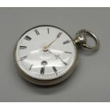 A silver verge pocket watch with diamond end stone, Thomas Gray movement, London 1836, 38mm case