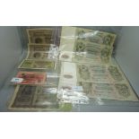 Nine Russian and German bank notes