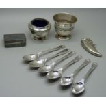 A silver pill box, two silver salts, a novelty vesta case and six plated spoons, (weight of box