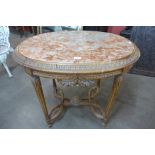 A French Louis XV style carved wood and marble topped oval gueridon table