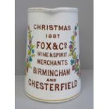 A Fox & Co. 1887 advertising jug, 13.5cm