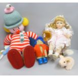 Three soft toys including a Steiff piglet and a Gabrielle Paddington Bear, and a doll