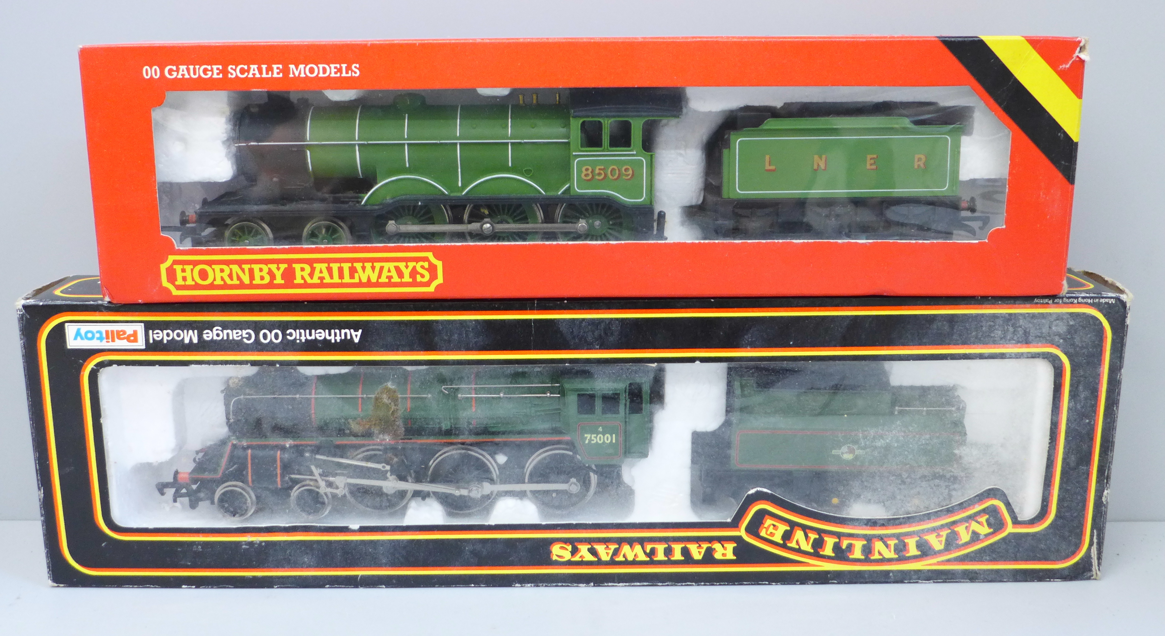 A Hornby R866 LNER B12 00 gauge locomotive and tender and a Mainline locomotive and tender