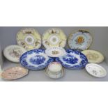 A pair of Copeland and Garrett plates, each with three painted scenes, both a/f, a pair of HB &