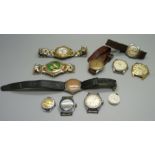 A Buren military wristwatch and other watch heads, etc., two lacking case backs