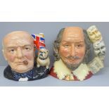 Two Royal Doulton character jugs, Shakespeare and Churchill, with certificates